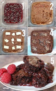 instructions for how to make chocolate brownies with raspberries in the bottom and on top