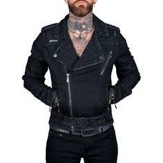 Wornstar Clothing Wrathchild Mens Denim Jacket - Black Alternative Studded Outerwear For Biker Events, Studded Alternative Outerwear For Biker Events, Rocker Biker Jacket With Studs For Streetwear, Rocker Studs Biker Jacket For Streetwear, Alternative Outerwear With Rivets For Biker Events, Rocker Style Outerwear With Rivets For Alternative Fashion, Biker Outerwear With Rivets For Alternative Fashion, Rocker Outerwear With Rivets For Alternative Fashion, Alternative Biker Jacket With Rivets For Concerts