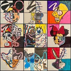 a collage of mickey mouse and other cartoon character drawings in multiple squares, each with different colors