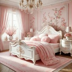 a bedroom decorated in pink and white with flowers on the wall, chandelier and bed