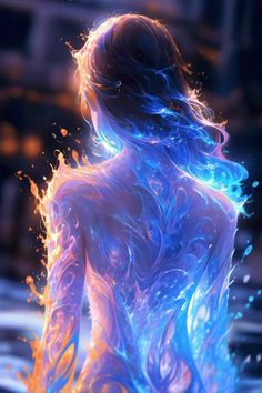 a woman is sitting in the water with her back turned to the camera and glowing blue flames