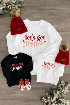 *Each top sold separately* Family tops feature long sleeves perfect for cold weather wear Mom & girl shirts feature a solid white design & boy shirts feature a solid black design Ultra soft material for comfort & ease all season long Twinning is winning, especially with the whole family! Match with your little ones in our "Let's Get Festive" Black & White Tops. These tops feature long sleeves and a festive holiday saying. In a versatile style, this top is made from soft and breathable fabric tha Fit Family, Sparkle In Pink, Girl Shirts, Mommy And Me Outfits, Weather Wear, Festival Tops, Black And White Tops, Mom Kid