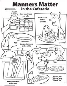 a coloring book with pictures of people eating food and talking to each other, including the words manners matter in the cafeteria