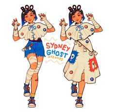 two cartoon girls dressed in costumes and holding their hands up with the words sydney ghost aterp