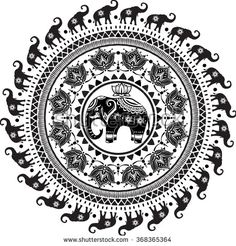 an elephant is depicted in the center of a circular pattern with elephants and flowers on it