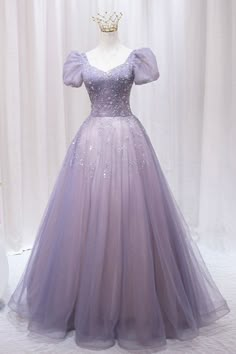 Purple Tulle Beaded Long Formal Dress Outfits For Girls Purple Gown For Debut, Gown For Debut, Purple Gown, Purple Tulle, Long Formal Dress, A Line Evening Dress, Long Gown Dress, Purple Prom Dress, Dress Korean