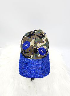 Camo hat with blue rhinestones and lips Blue Adjustable Hat With Rhinestones, Blue Summer Hat With Rhinestones, Adjustable Blue Hat With Rhinestones, Blue Rhinestone Hat For Summer, Trendy Blue Party Hats, Camo Hat, Oversized Earrings, Camo Hats, Pretty Gift