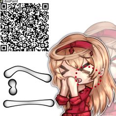 an anime character with long blonde hair and red dress is looking at the qr code