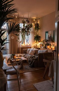 a living room filled with furniture and lots of plants