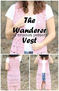 a woman wearing a pink crochet vest with text that reads, the wanderer vest