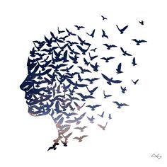 a woman's head with birds flying around it