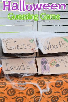 halloween guess game for kids to play on the table with ghost and pumpkins around it