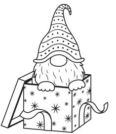 a black and white drawing of a santa clause holding a gift box with stars on it