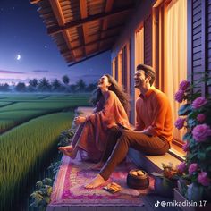 two people sitting on a porch looking up at the sky and rice fields in the background