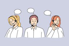 three people with headsets are talking to each other and two have speech bubbles above them