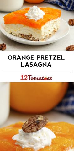 orange pretzel lasagna with whipped cream and pecans on the side