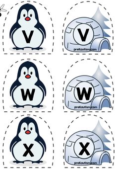 four different types of penguins with the letter v on them