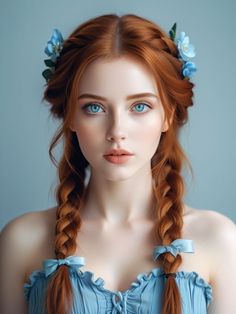 a woman with long red hair and blue eyes is wearing braids in her hair