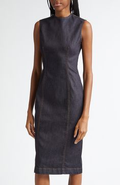 The Stockholm-based label offers a polished alternative for denim days with this sleeveless sheath dress detailed with contrast topstitching. Back zip closure Jewel neck Sleeveless 97% cotton, 3% elastane Dry clean Made in Italy Designer Clothing Sleeveless Dark Wash Workwear Dress, Dark Wash Sleeveless Dress For Work, Sleeveless Dark Wash Dress For Work, Dark Wash Fitted Sleeveless Dress, Fitted Dark Wash Sleeveless Dress, Fitted Sleeveless Dark Wash Dress, Elegant Sleeveless Denim Dress, Chic Fitted Denim Dress With Back Zipper, Elegant Sleeveless Denim Blue Dress