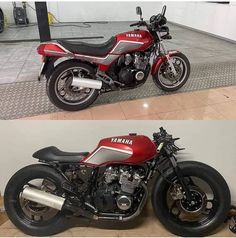 two pictures of the same motorcycle in different stages of being repaired and repainted