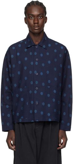 Indigo-dyed cotton- and wool-blend poplin shirt. Jacquard polka dot pattern throughout. · Spread collar · Button closure · Patch pockets · Dropped shoulders · Corozo hardware Supplier color: Indigo Polka Dot Shirt With Button Closure For Work, Cotton Polka Dot Shirt With Button Closure, Polka Dot Cotton Shirt With Button Closure, Polka Dot Cotton Tops With Buttons, Jacquard Shirt, Polka Dot Pattern, Poplin Shirt, Button Up Shirt, Patch Pocket