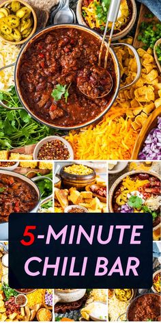 a collage of five pictures with chili and other foods in bowls on the table