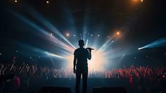 a man standing on top of a stage holding a microphone in front of a crowd