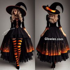 two pictures of a woman wearing a witch costume with black and orange stripes on the skirt