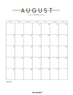 the august calendar is shown in black and white