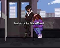 two people sitting on a train with the caption guys look it's neo, haze, and balance