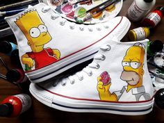 These are one of a kind custom The Simpsons hand painted canvas shoes. I use waterproof, permanent fabric paint of the highest quality. I can do any other design you want ,just message me with anything you have in mind so we can work on your own personalized custom pair! :) it can be painted on both sides . Great as a gift to yourself or your loved ones customizing them with a name or a personal dedication ! Wash on gentle cycle below 40 C, but it is always better to spot clean . Because the sho Painted Converse, Custom Sneakers Diy, Converse Custom, Painted Canvas Shoes, Custom Painted Shoes, Painted Sneakers, Custom Converse, Hand Painted Shoes, Sneakers Athletic