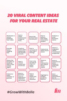 a pink poster with the words 20 virtual content ideas for your real estate