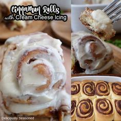 cinnamon rolls with cream cheese icing are shown