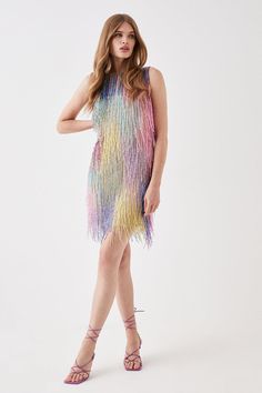 Mini Rainbow Embellished Fringe Dress - Multi - You name the occasion, we have the perfect dress. From maxi to mini and everything in between, find your dream dress to feel confident in. Choose classic shift dresses and flowing floor-length pieces for a timeless style, plus discover on-trend bardot and wrap dresses to wear on repeat. Style: Mini Rainbow Embellished Fringe Dress.  Ideal for: Occasion.  Design: Embellished.  Model wears size UK 10 and is 5' 9" tall. Extra Outfits Glam, Glitz And Glamour Party, Glamour Party, Extra Outfits, Shift Dresses, Wrap Dresses, Rainbow Dress, Dresses To Wear, Rainbow Beads