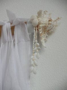 a sea shell hanging on the wall next to a white curtain with a ribbon tied around it