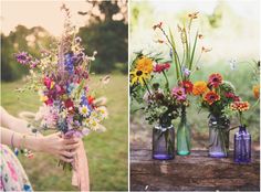 two pictures one with flowers and the other with blue vases holding wildflowers