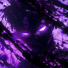 an evil looking creature with glowing eyes in the night time scene, surrounded by branches