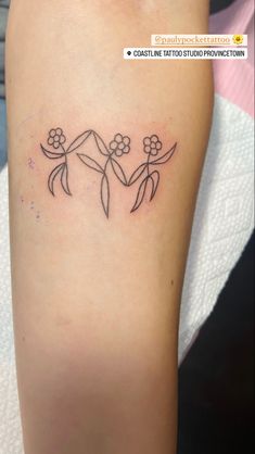 a small tattoo on the leg of a woman's arm with flowers in it