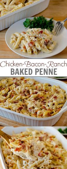 chicken bacon ranch baked penne in a casserole dish