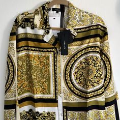 New With Tags Versace Size 2 (It42, Us 4/6) Barocco Mosaic Print Collar Button Up Long Sleeves Lower Front Pockets 100% Silk Dry Clean Only 21” Across Chest 31” Shoulder To Bottom Hem Elegant Patterned Button-up Shirt, Elegant Multicolor Buttoned Tops, Elegant Multicolor Formal Shirt, Elegant Multicolor Shirt For Formal Occasions, Elegant Multicolor Blouse With Buttons, Elegant Long Sleeve Blouse With Baroque Print, Luxury Long Sleeve Printed Blouse, Elegant Multicolor Button-up Blouse, Luxury Fitted Shirt With Baroque Print