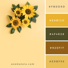 sunflowers with green leaves and yellow flowers in the center are featured in this color scheme