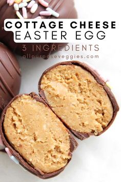 three chocolate eggs with peanut butter in them and the words cottage cheese easter egg on top