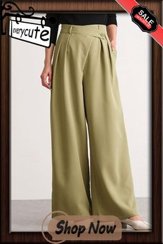 Casual Wide Leg Loose Solid Color Pants Bottoms Solid Color Wide-leg Work Pants For Spring, Spring Solid Wide-leg Work Pants, Solid Work Pants With Loosely Fitted Hips For Spring, Spring Dress Pants With Solid Color And Wide Leg, Spring Dress Pants In Solid Color With Wide Leg, Summer High-waisted Solid Work Pants, Green Wide Leg Work Pants, Spring Wide Leg Work Pants, Non-stretch Full Length Work Pants For Spring