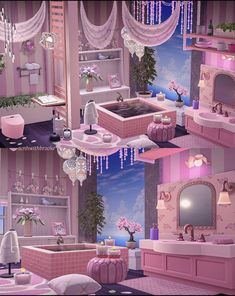 two pictures of a pink bathroom with chandeliers