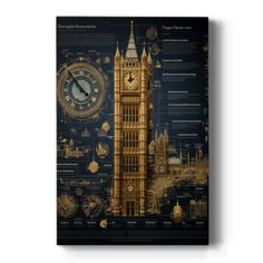 the big ben clock tower in london, england on a black background with gold details