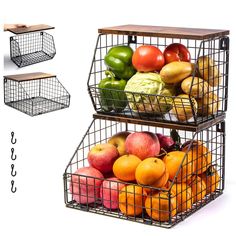 two metal baskets filled with fruit and vegetables