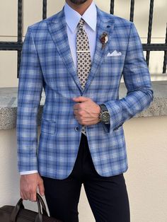 Naze Slim Fit High Quality Mono Collar Blue Plaid Woolen Blazer Beige Suits, Winter 22, Slim Fit Blazers, Twill Jacket, Minimalist Wardrobe, Blazer Vest, Fitted Blazer, Slim Fit Shorts, Plaid Blazer