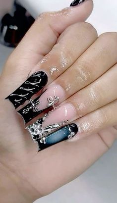 Luxury Nails 2024, Nails Page Name Ideas, Nail Page Name Ideas, Black Freestyle Nails, Birthday Freestyle Nails, Black And White Nail, Fye Nails, Nails Sets, Rich Rich