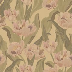 a floral wallpaper with pink flowers and green leaves