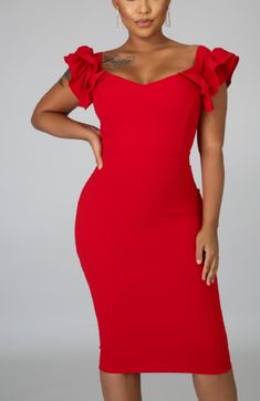 Chic Red V-neck Midi Dress, Chic Solid Color Cap Sleeve Dresses, Stretch V-neck Midi Dress With Ruffles, Chic Cap Sleeve Midi Dress For Party, Red Fitted V-neck Short Sleeve Dress, Elegant Bodycon Dress With Cap Sleeves, Elegant Bodycon Cap Sleeve Dress, Chic Cap Sleeve Dress For Night Out, Chic Night Out Dress With Cap Sleeves